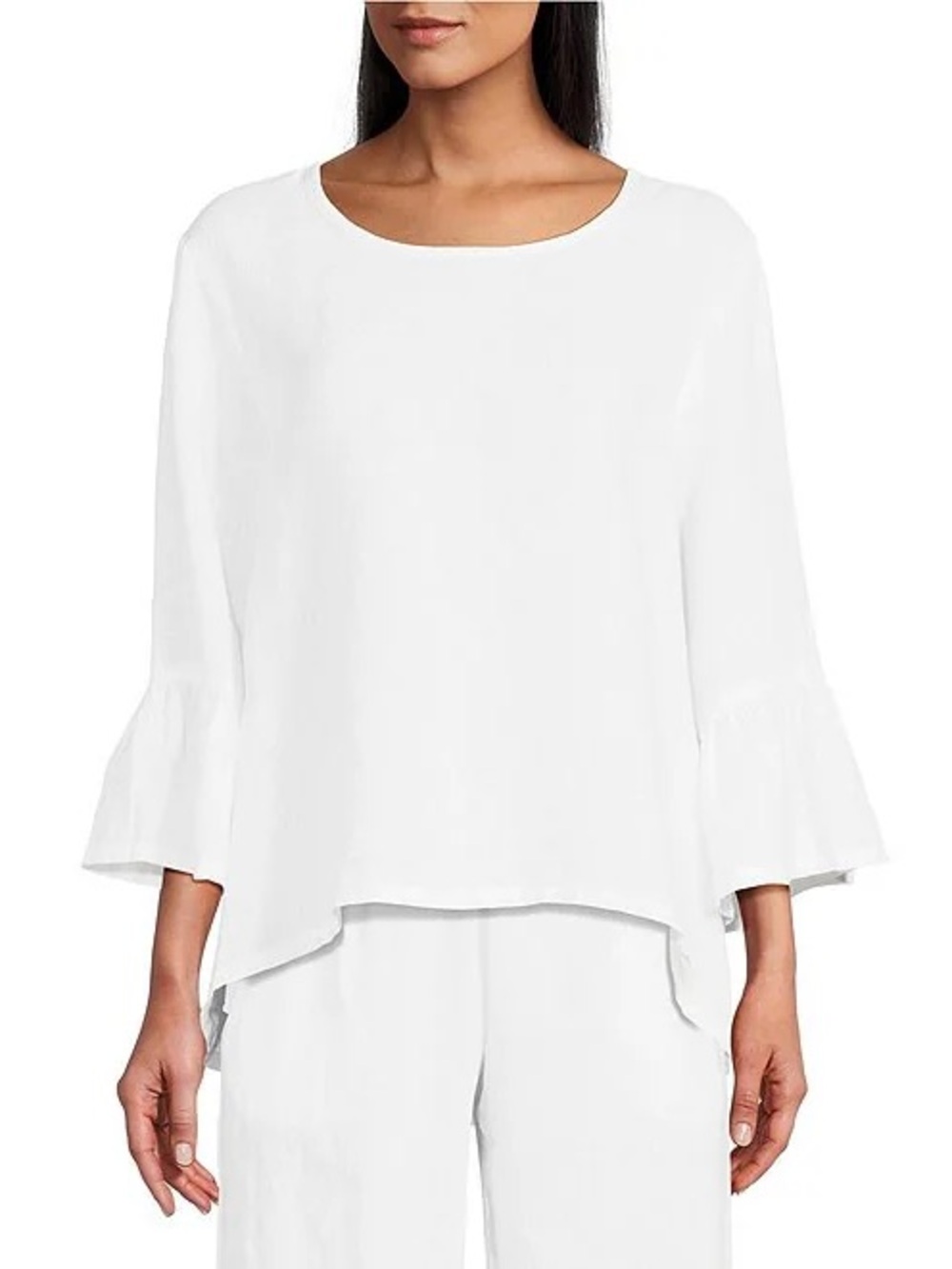Bryn Walker Fran Light Linen Round Neck Ruffle 3/4 Bell Sleeve High-Low Top